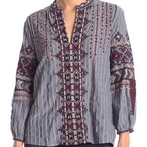 Johnny Was Workshop Womens Boho Embroidered Top M Blue & Burgundy